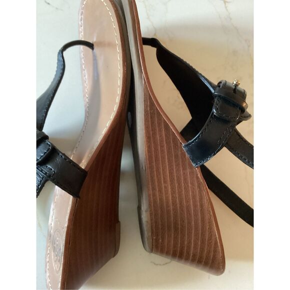 Tory Burch Black Leather Thong Sandal Sz 7.5 Wedge Heel - Picture 6 of 8